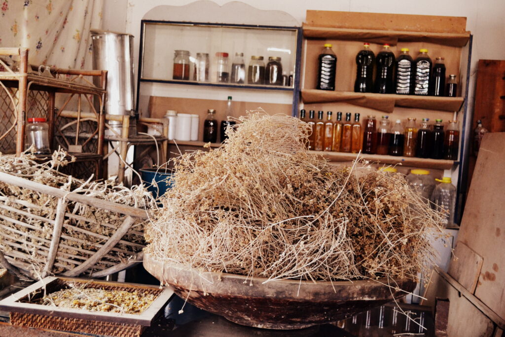 In the foreground, a bowl and basket with dried plant branches and flowers. In hte background, shelves with bottles and jars or liquids and spices.